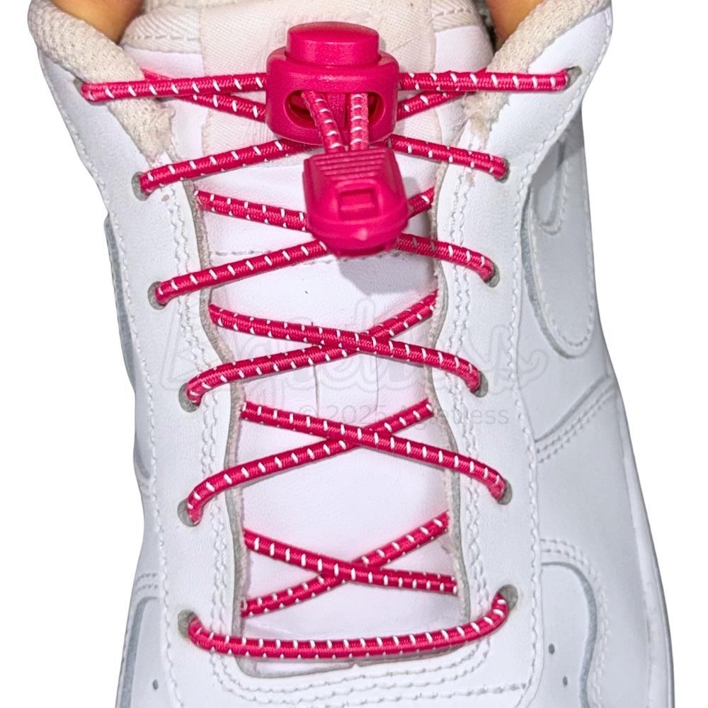 Elastische veters zonder strikken reflecterend 3mm lock sluiting rozenrood met stretch uitgerekt