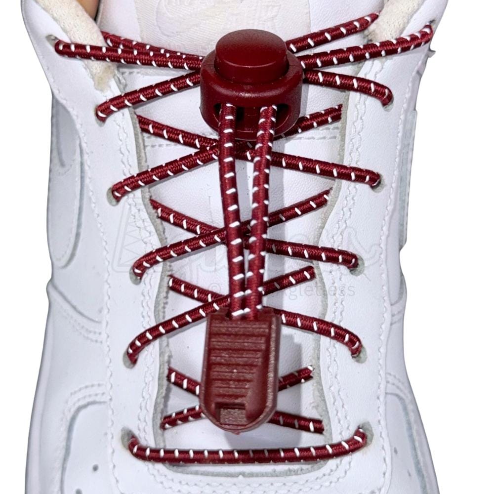 Elastische veters zonder strikken reflecterend 3mm lock sluiting wijnrood met stretch uitgerekt