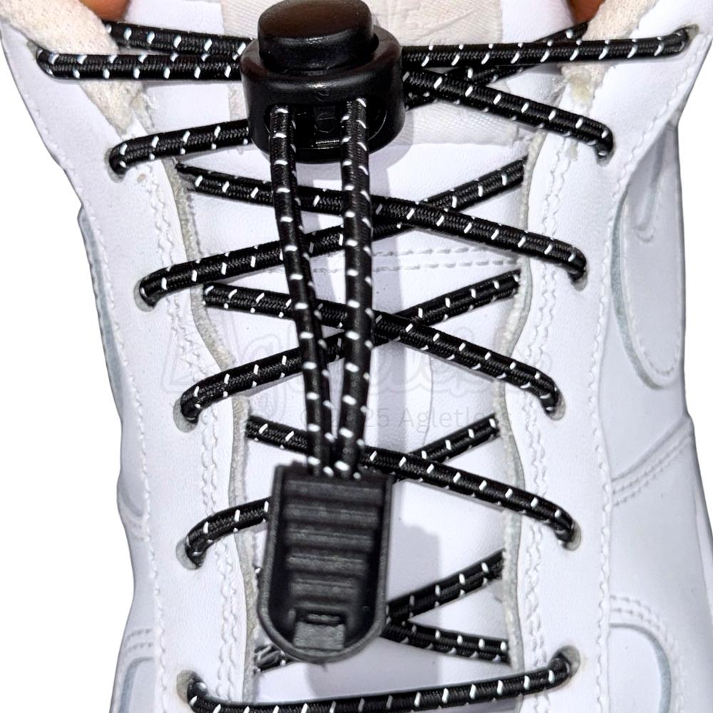 Elastische veters zonder strikken reflecterend 3mm lock sluiting zwart met stretch uitgerekt