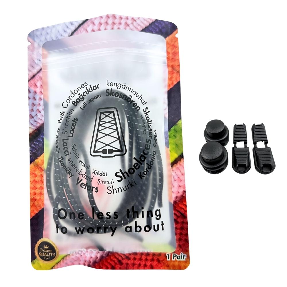 Elastische veters zonder strikken reflecterend 3mm lock sluiting zwart in luxe verpakking