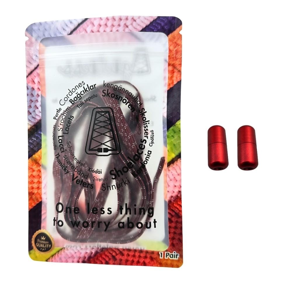 Elastische veters zonder strikken reflecterend 7mm capsule sluiting wijnrood met stretch uitgerekt