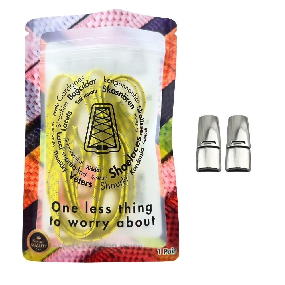 Elastische veters zonder strikken reflecterend 7mm magnetische sluiting geel in luxe verpakking