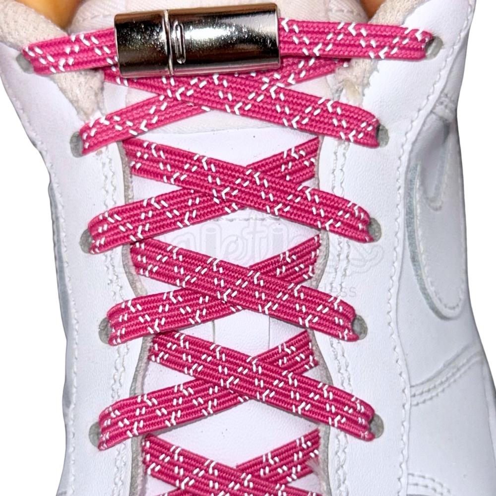 Elastische veters zonder strikken reflecterend 7mm magnetische sluiting rozenrood met stretch uitgerekt