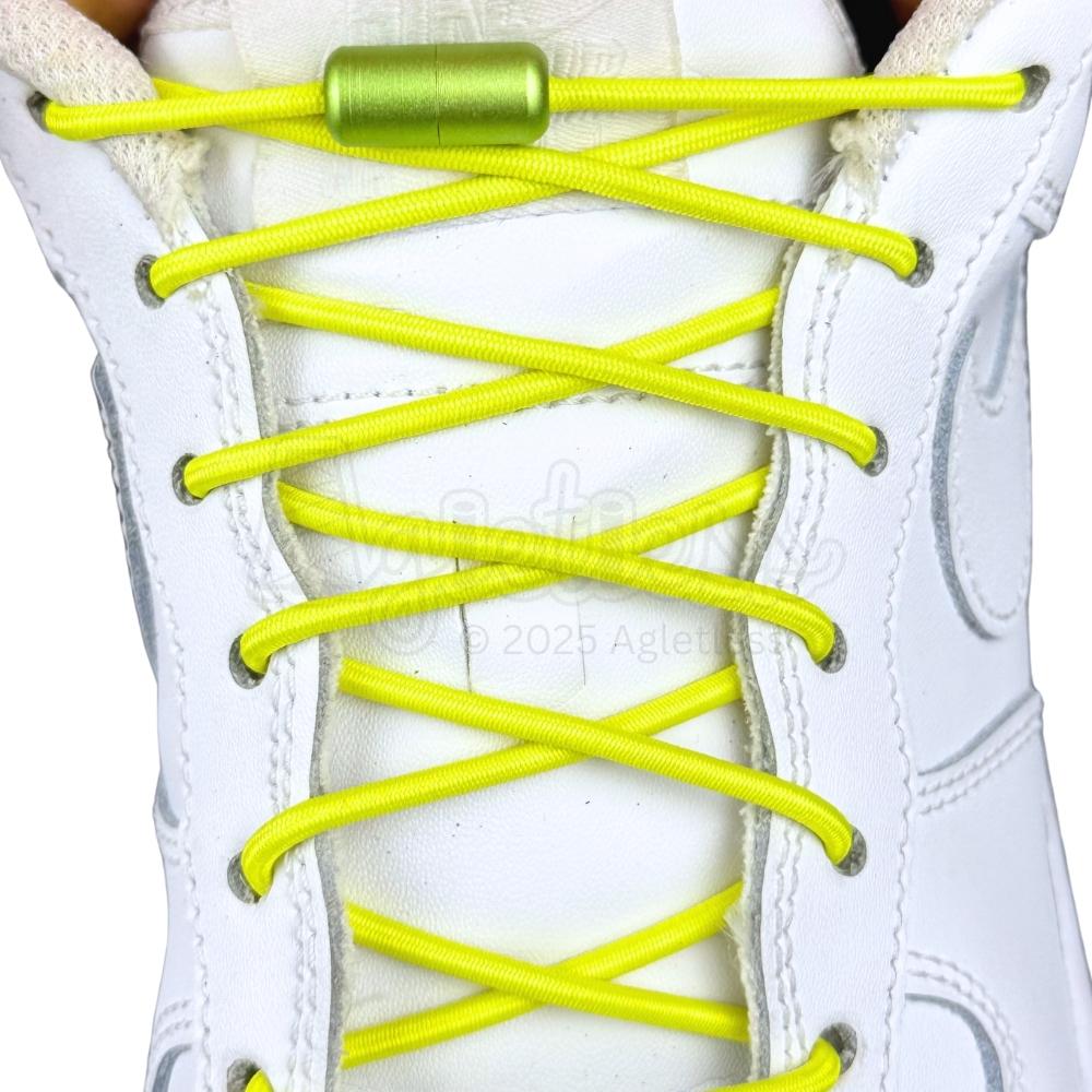 Elastische veters zonder strikken rond 3mm capsule sluiting fluorescerend geel met stretch uitgerekt