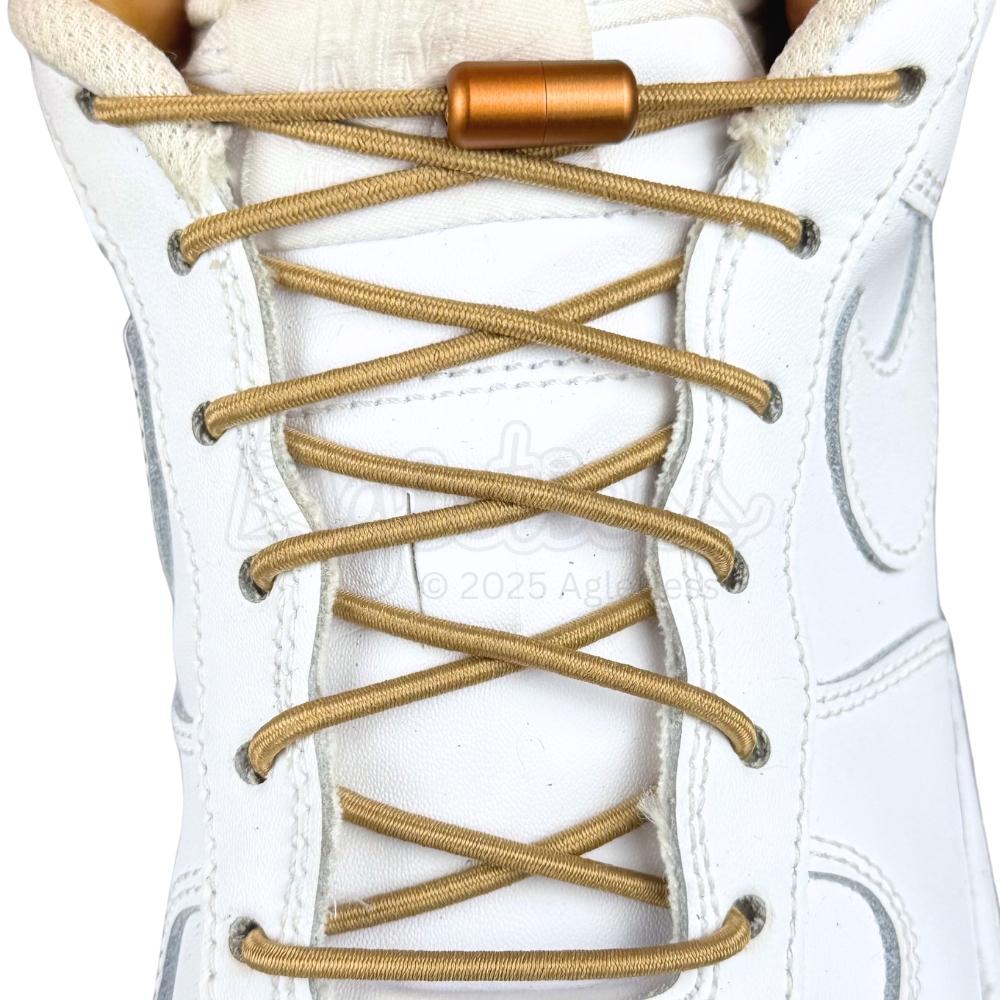 Elastische veters zonder strikken rond 3mm capsule sluiting khaki met stretch uitgerekt