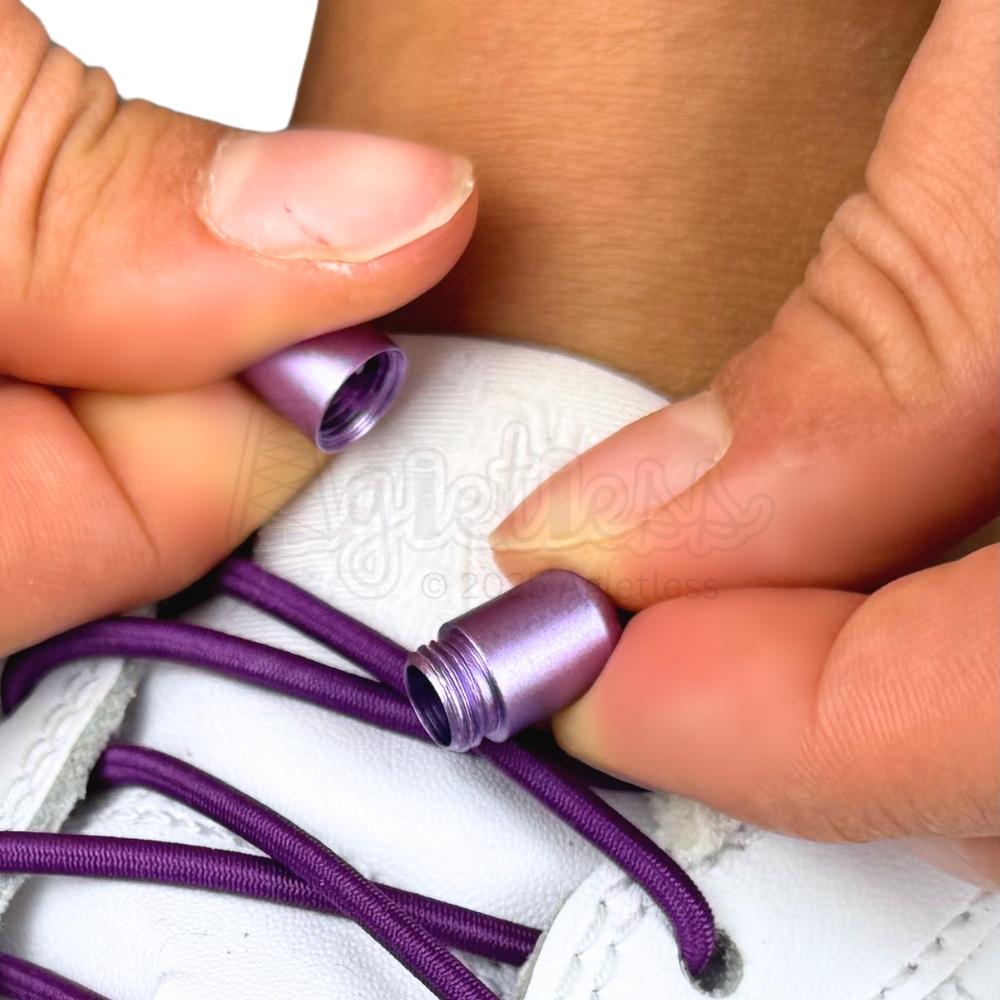 Elastische veters zonder strikken rond 3mm capsule sluiting paars detailfoto van hoe de sluiting werkt