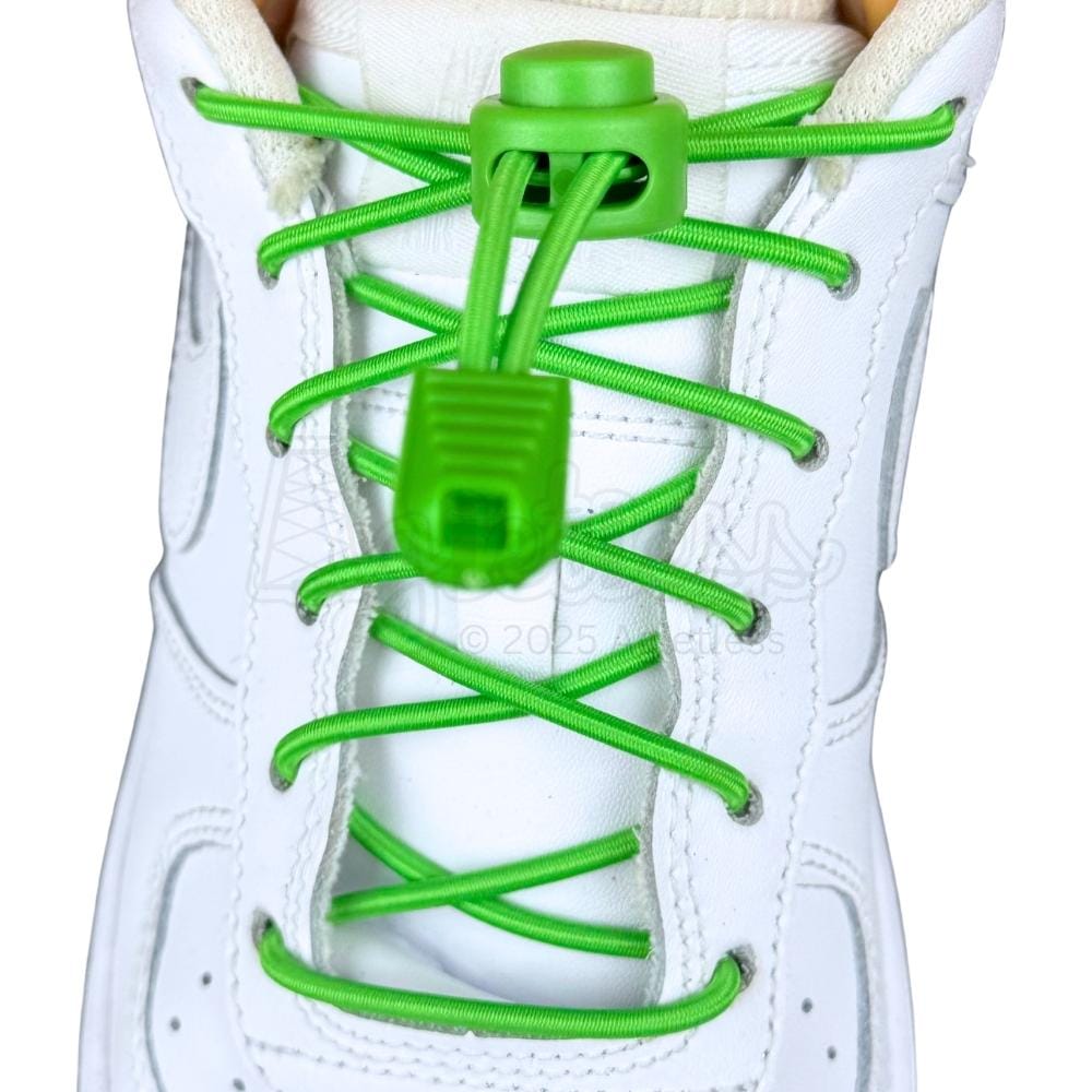 Elastische veters zonder strikken rond 3mm lock sluiting appelgroen met stretch uitgerekt