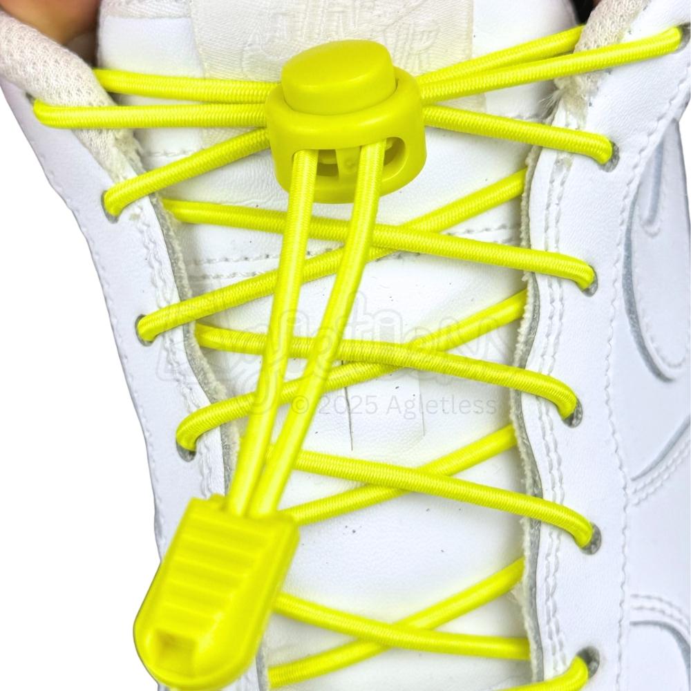 Elastische veters zonder strikken rond 3mm lock sluiting fluorescerend geel met stretch uitgerekt