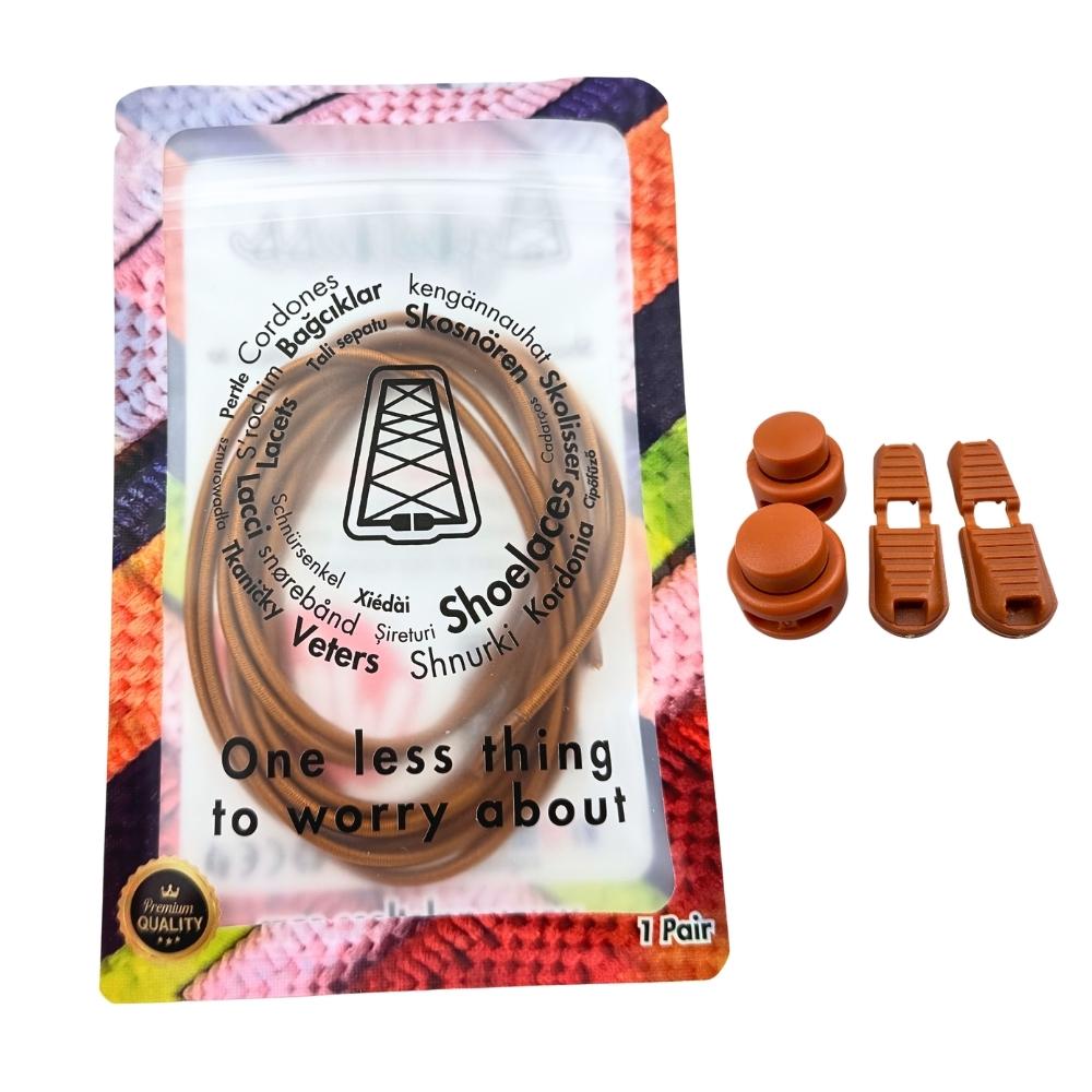 Elastische veters zonder strikken rond 3mm lock sluiting lichtbruin in luxe verpakking