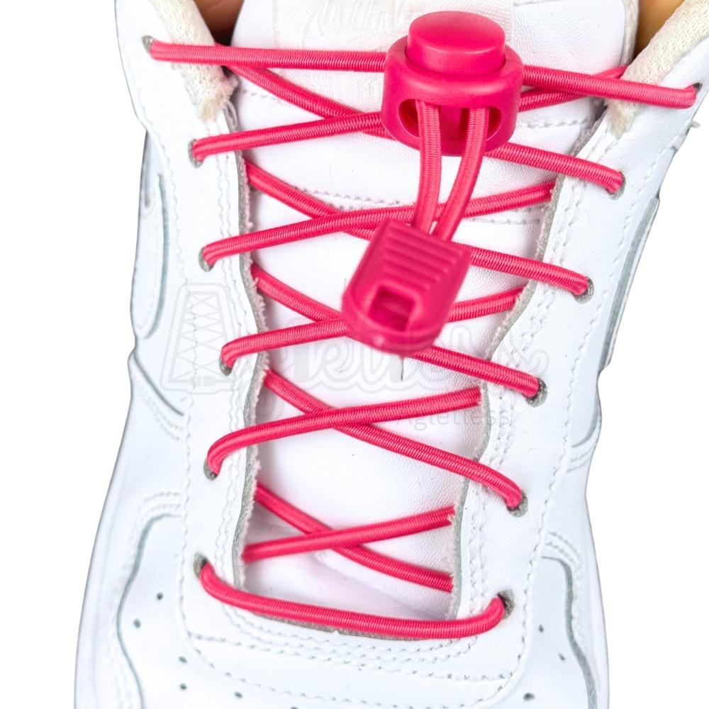 Elastische veters zonder strikken rond 3mm lock sluiting rozenrood met stretch uitgerekt