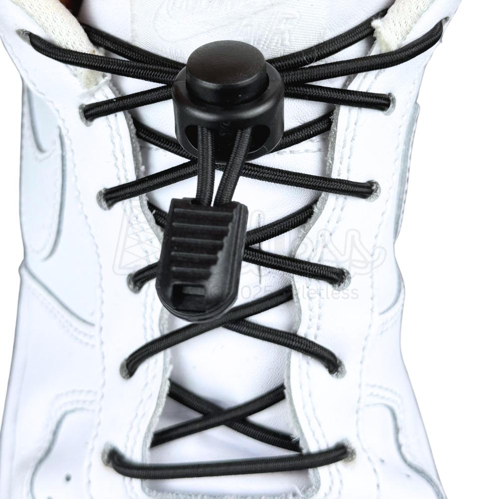 Elastische veters zonder strikken rond 3mm lock sluiting zwart met stretch uitgerekt