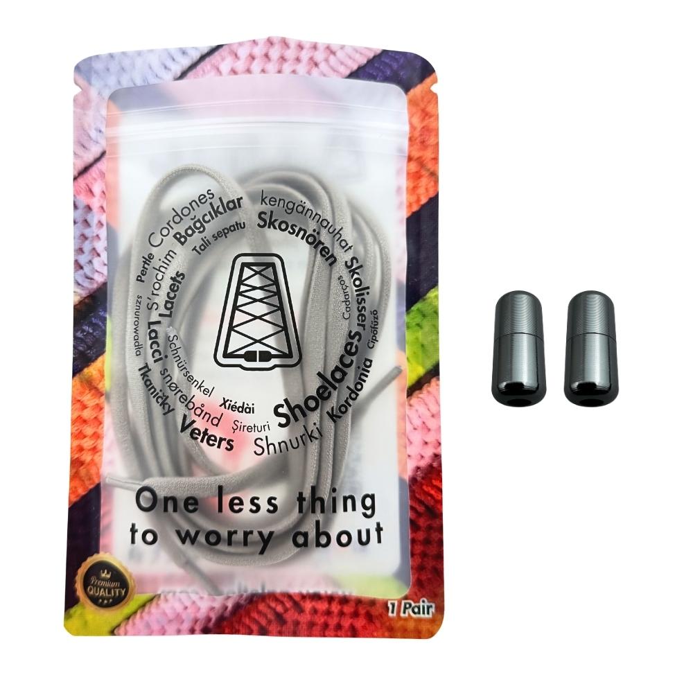 Elastische veters zonder strikken rond 5mm capsule sluiting grijs in luxe verpakking