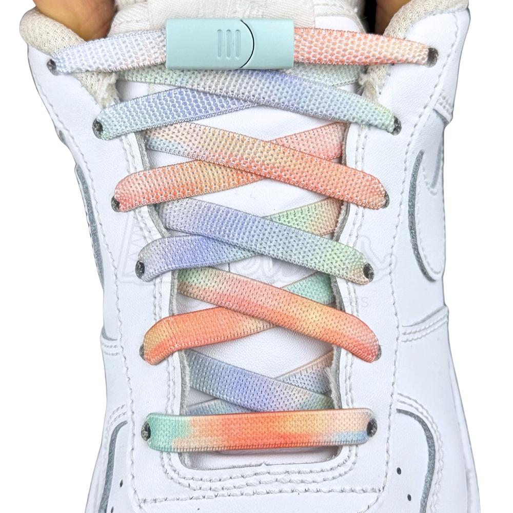 Elastische veters zonder strikken tie-dye 9mm magnetische sluiting driekleurig oranje met stretch uitgerekt