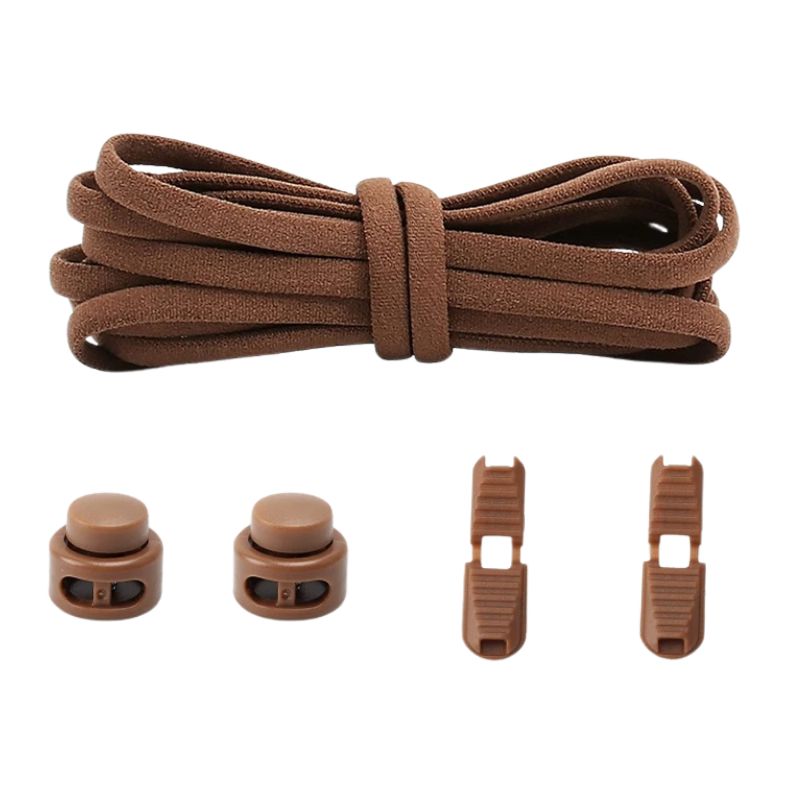Bruine ronde 5 mm elastische veters met draaicapsule sluitsysteem voor kinderen en volwassenen
