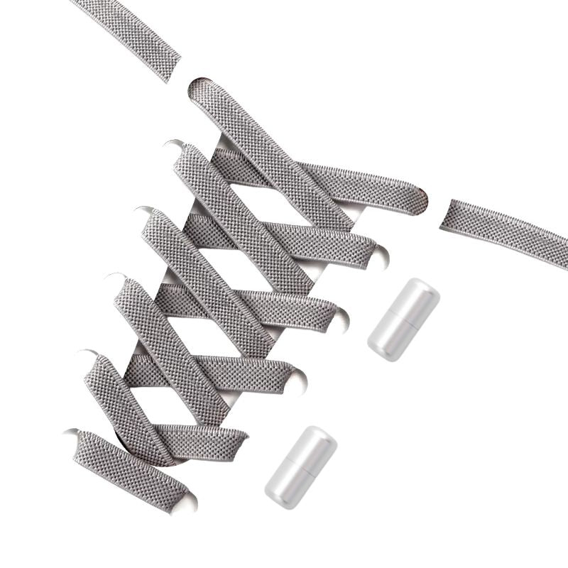 Platte 9 mm elastische veters in lichtgrijs met draaicapsule sluitsysteem, makkelijk te hanteren voor volwassenen