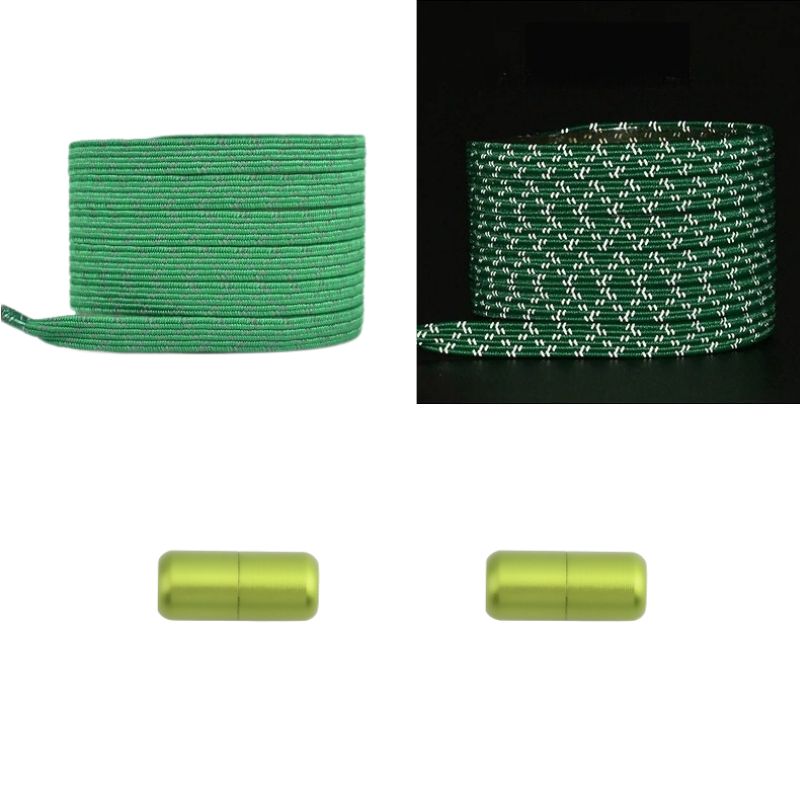 Mosgroene platte reflecterende elastische veters met capsulesluiting voor stoere en veilige outdoor schoenen