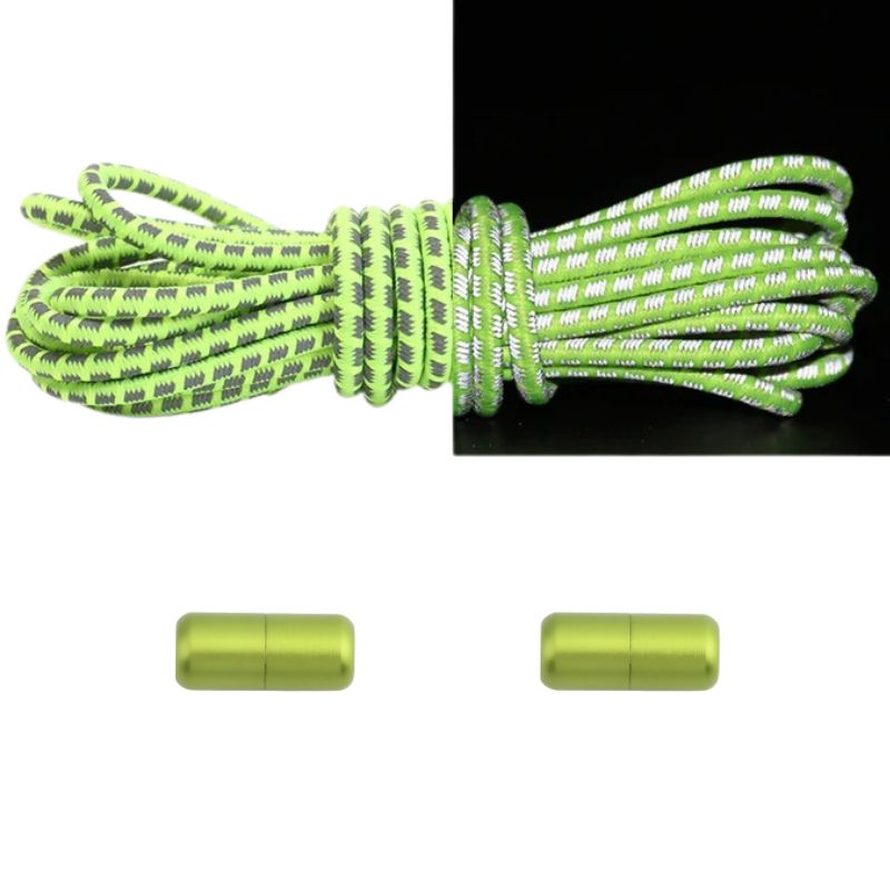 Reflecterende ronde 3 mm elastische veters fluorescerend groen met draaicapsule sluiting voor extra veiligheid bij weinig licht