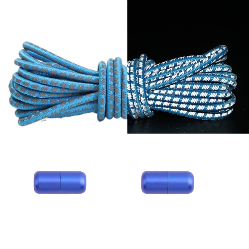 Reflecterende ronde 3 mm elastische veters lichtblauw met draaicapsule sluiting voor frisse zichtbaarheid in het donker