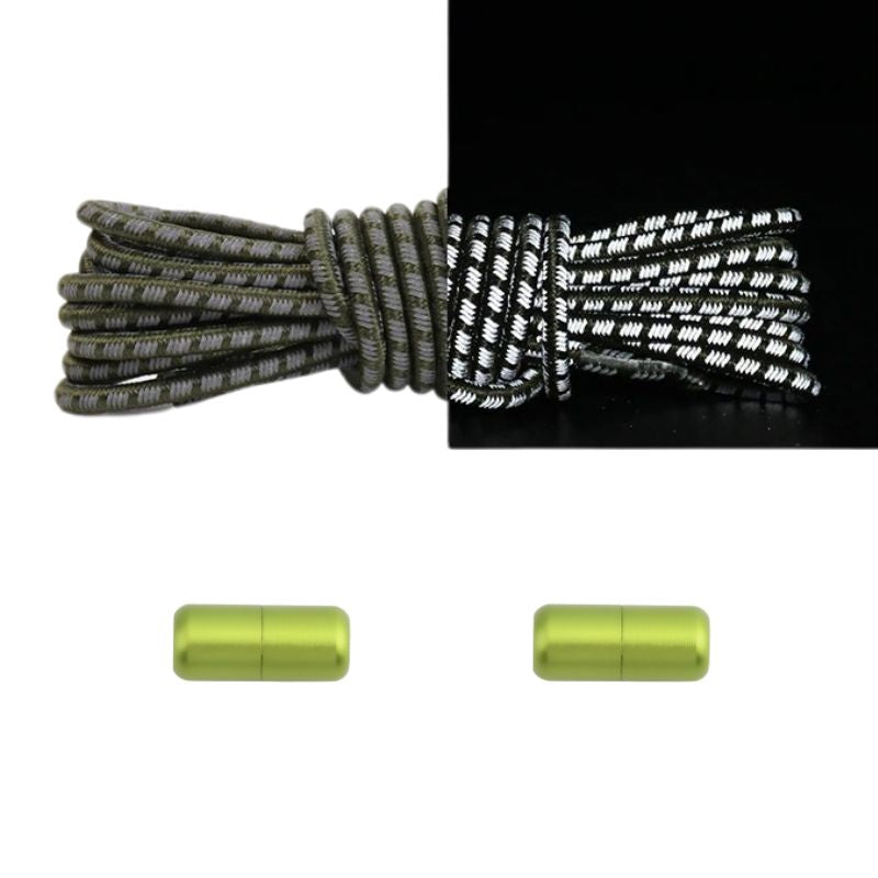 Elastische veters mosgroen reflecterend met draaicapsule sluiting voor veiligheid bij wandelen en sport