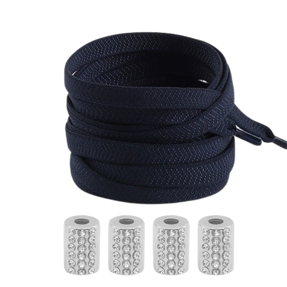 Marineblauwe elastische veters met ronde sluiting en details, elegant en comfortabel