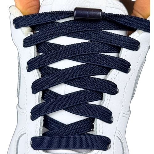 Elastische veters zonder strikken plat 9mm metalen draai capsule marineblauw met stretch uitgerekt uitgelichte afbeelding