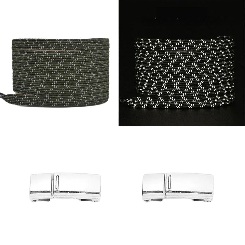 Legergroene reflecterende platte elastische veters met magneetsluiting voor een stoere en veilige look