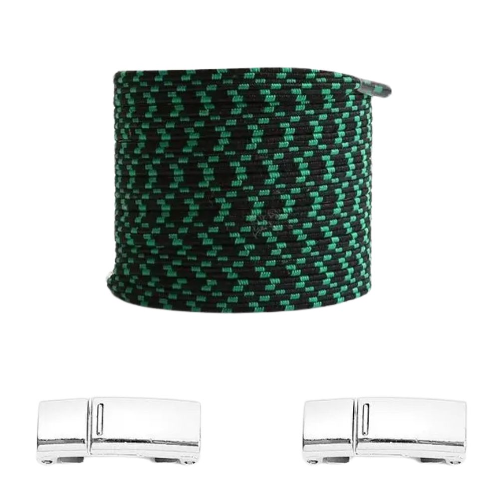 Zwarte pixel platte elastische veters met groene stippen en magneetsluiting voor een frisse en gemakkelijke stijl