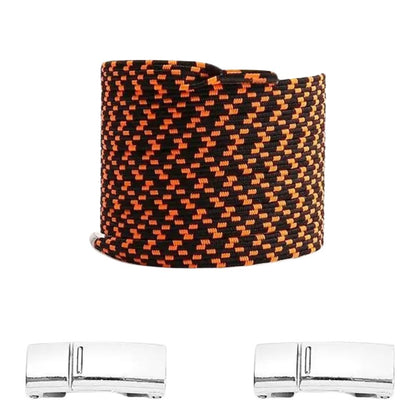 Zwarte pixel platte elastische veters met oranje stippen en magneetsluiting voor een opvallende en comfortabele stijl
