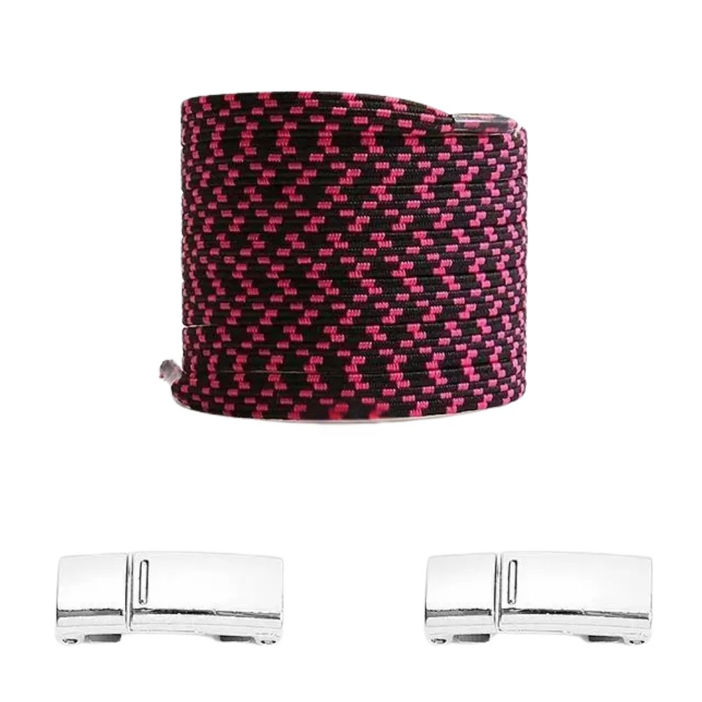 Zwarte pixel platte elastische veters met rozerode stippen en magneetsluiting voor een modieuze look zonder strikken