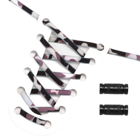 Zwart-witte camouflage ronde elastische veters met draaicapsule voor een klassieke en comfortabele look zonder strikken