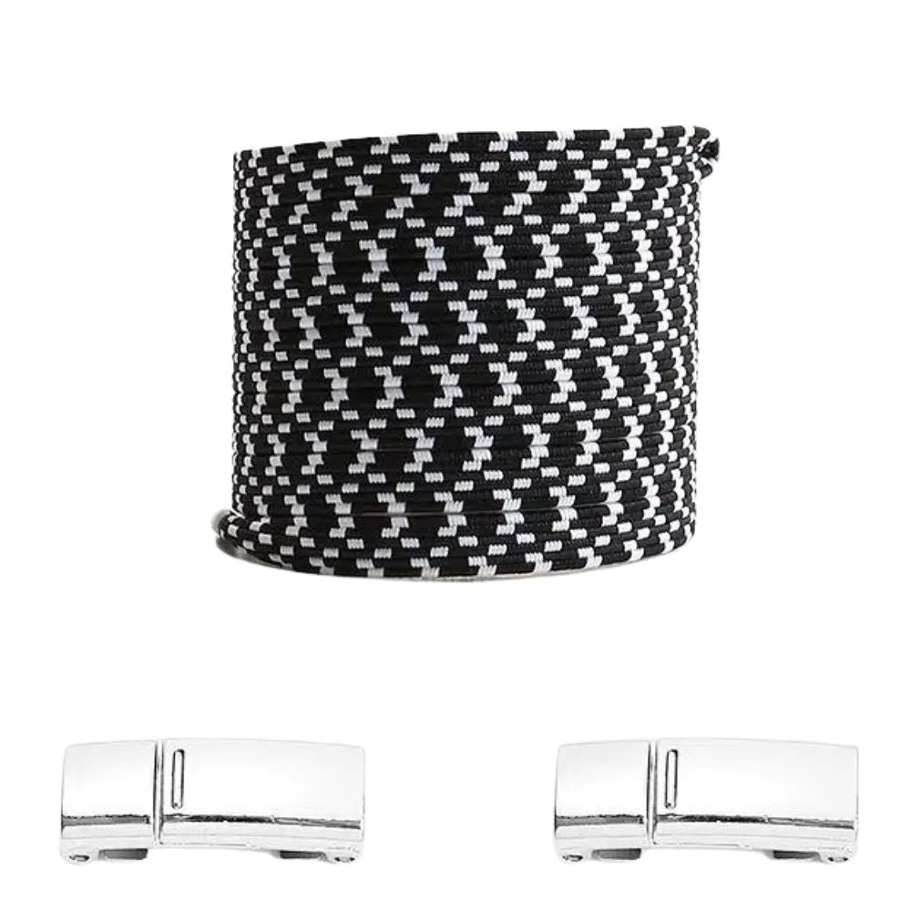 Zwarte pixel platte elastische veters met witte stippen en magneetsluiting voor een elegante en gemakkelijke look zonder strikken