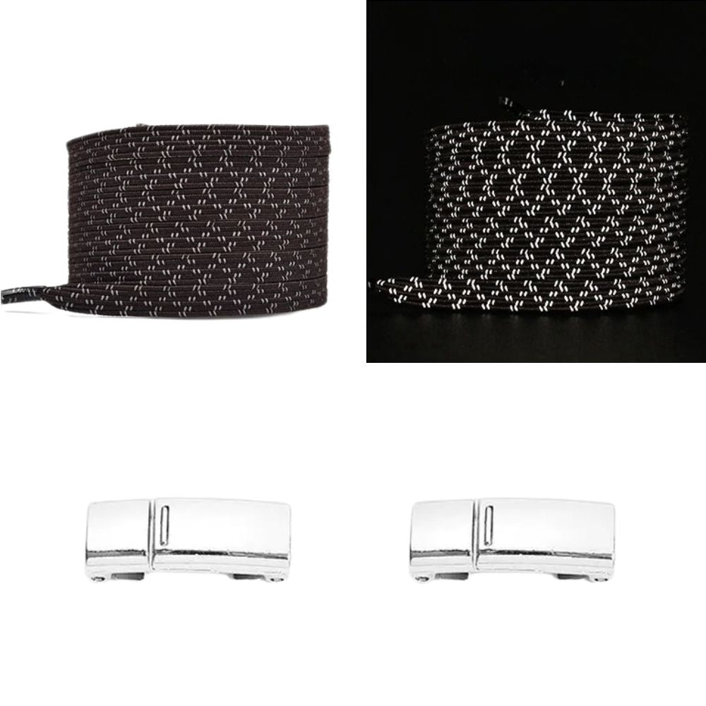 Donkerbruine reflecterende platte elastische veters met magneetsluiting voor een klassieke en veilige stijl zonder strikken