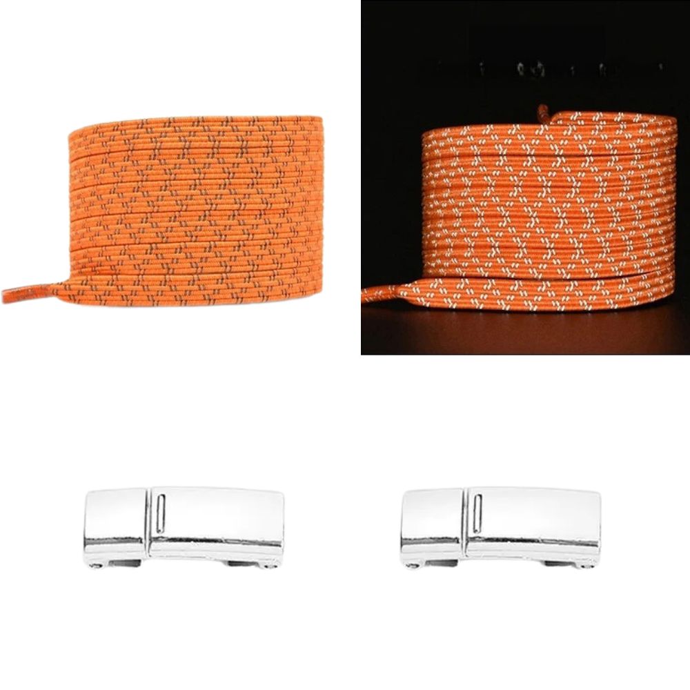 Oranje reflecterende platte elastische veters met magneetsluiting voor een opvallende en veilige look zonder strikken