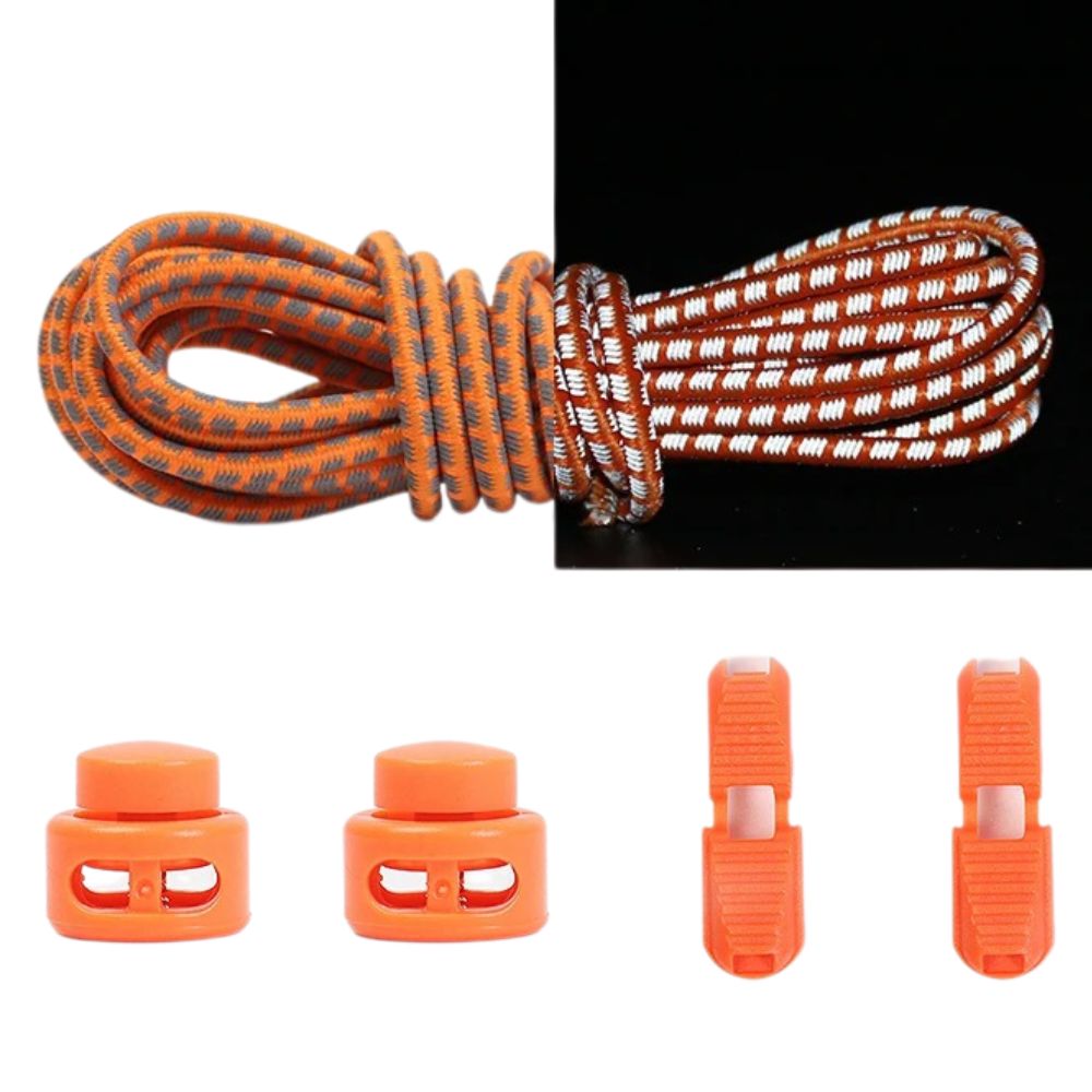 Oranje reflecterende ronde elastische veters met verstelbare sluiting voor een opvallende en veilige look zonder strikken