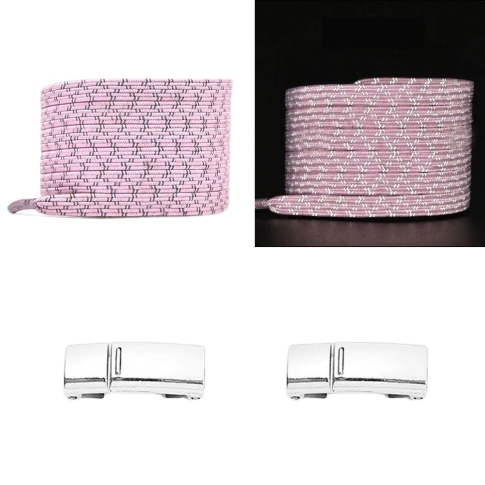 Roze reflecterende platte elastische veters met magneetsluiting voor een trendy en veilige look zonder veterstrikken