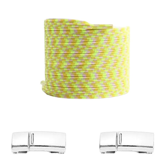 Pixel platte elastische veters in roze, geel en fluorescerend groen met magneetsluiting voor een levendige en trendy look zonder strikken