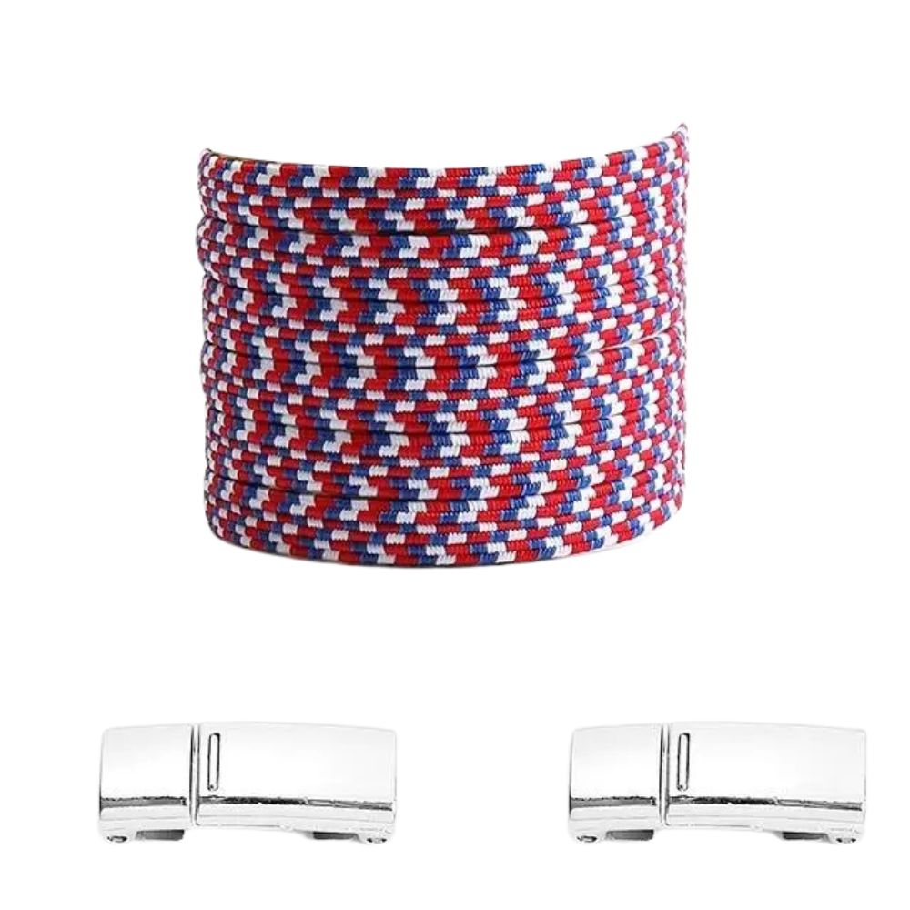 Rode pixel platte elastische veters met blauw en wit en magneetsluiting voor een stijlvolle en gemakkelijke stijl
