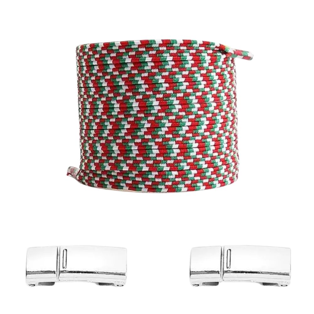 Rode pixel platte elastische veters met wit en groen en magneetsluiting voor een kleurrijke en comfortabele schoenveter