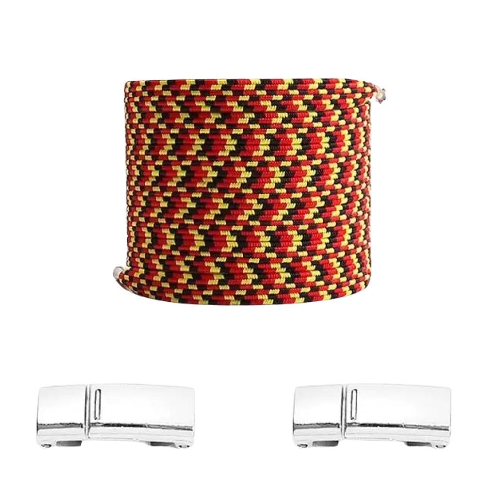 Rode pixel platte elastische veters met geel en zwart en magneetsluiting voor een opvallende en gemakkelijke look