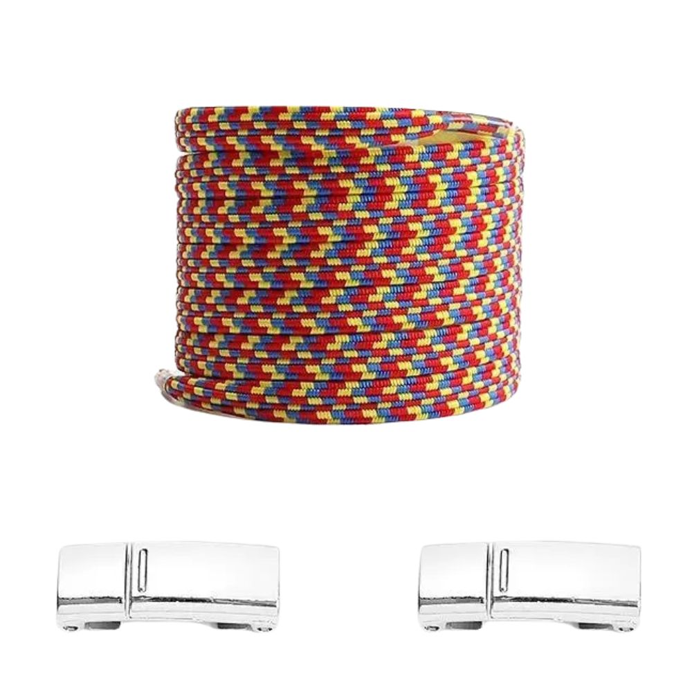 Rode pixel platte elastische veters met geel en blauw en magneetsluiting voor een levendige en comfortabele stijl