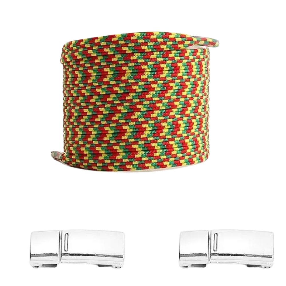 Rode pixel platte elastische veters met geel en groen en magneetsluiting voor een frisse en gemakkelijke schoenveter