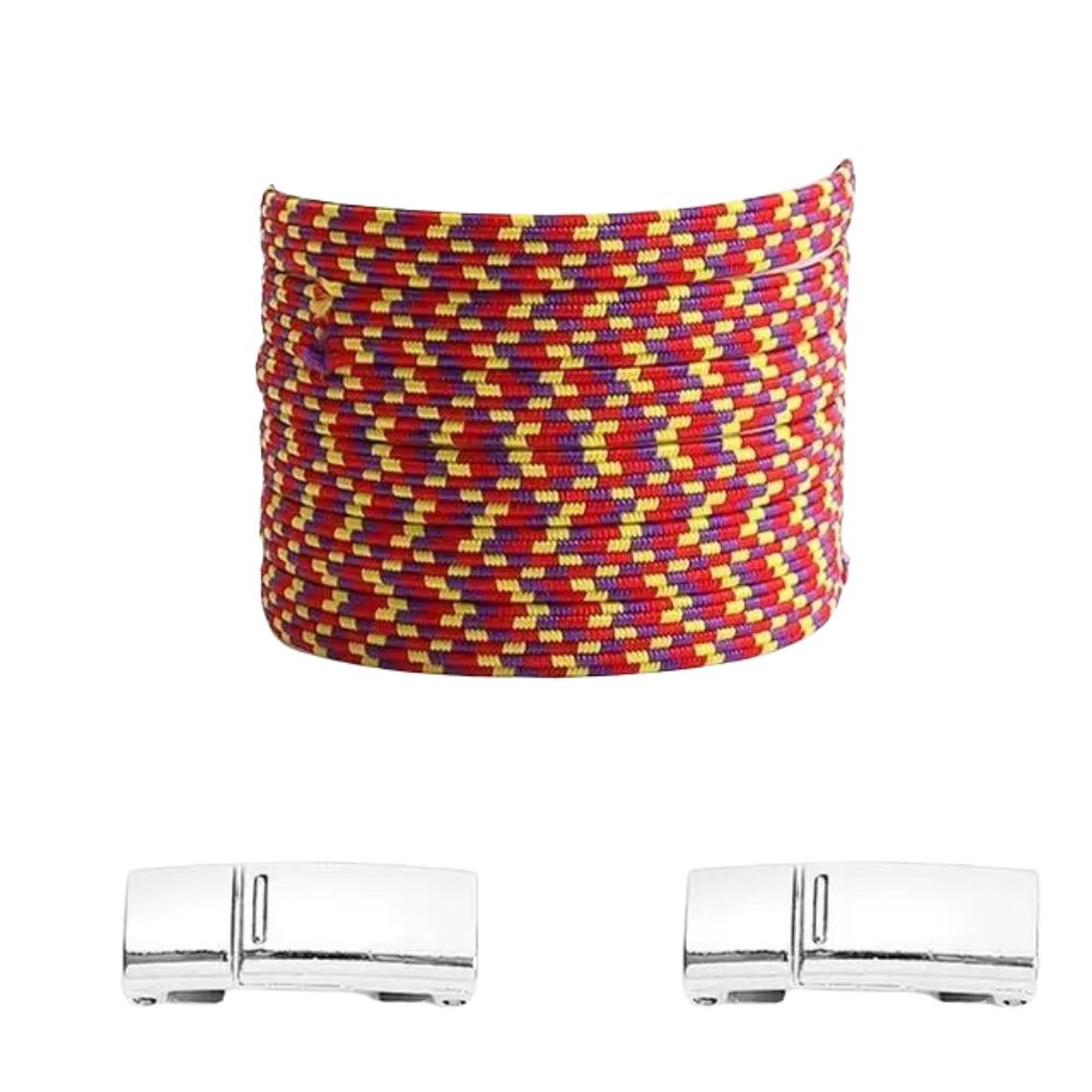 Rode pixel platte elastische veters met geel en paars en magneetsluiting voor een unieke en trendy look zonder strikken