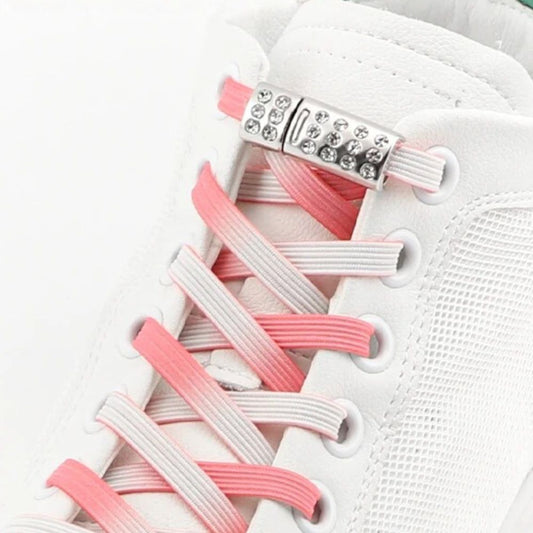 Zijaanzicht van roze kleurovergang elastische veters met rhinestone magneetsluiting voor stijlvolle sneakers zonder strikken