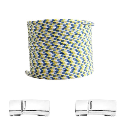 Pixel platte elastische veters in wit, blauw en geel met magneetsluiting voor een kleurrijke en comfortabele look zonder veterstrikken