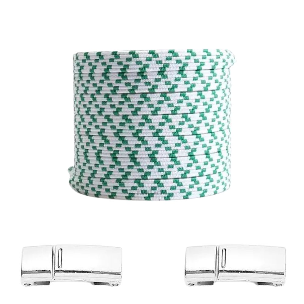 Witte pixel platte elastische veters met groene stippen en magneetsluiting voor een frisse en trendy look zonder veterstrikken