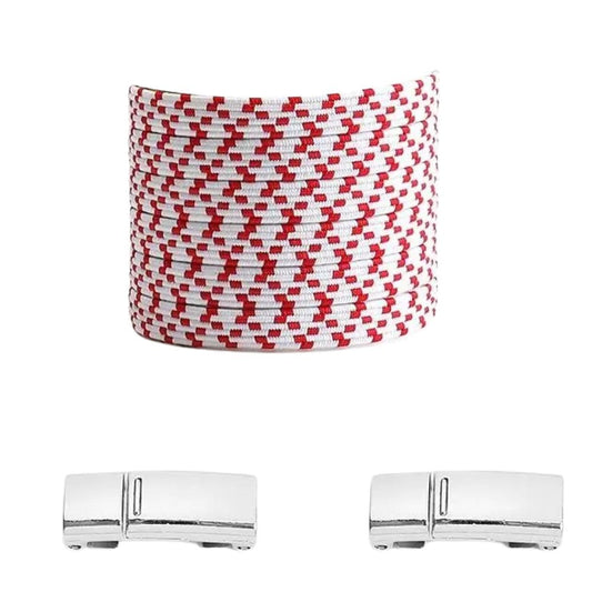 Witte pixel platte elastische veters met rode stippen en magneetsluiting voor een opvallende en comfortabele look