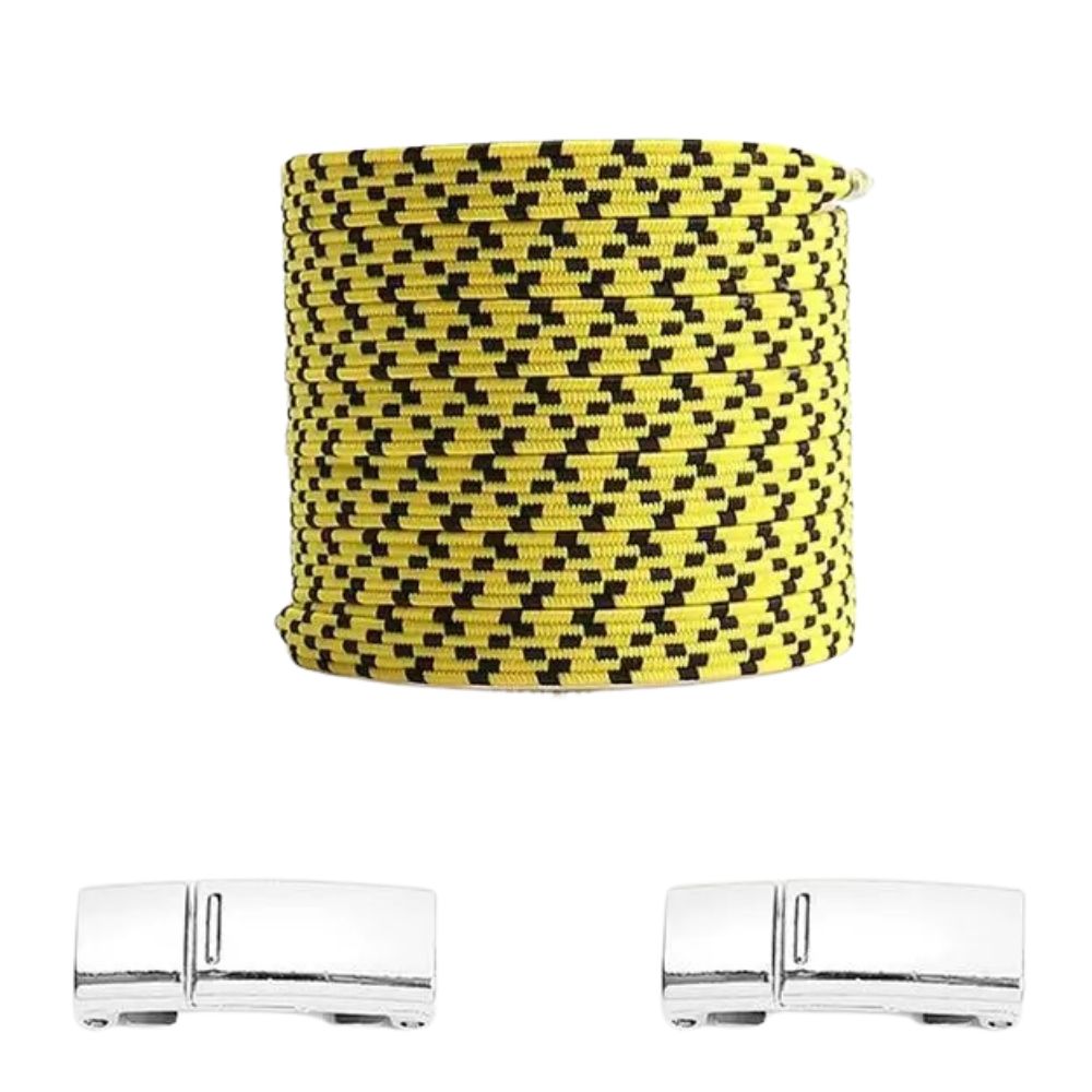 Gele pixel platte elastische veters met zwarte stippen en magneetsluiting voor een opvallende en gemakkelijke stijl