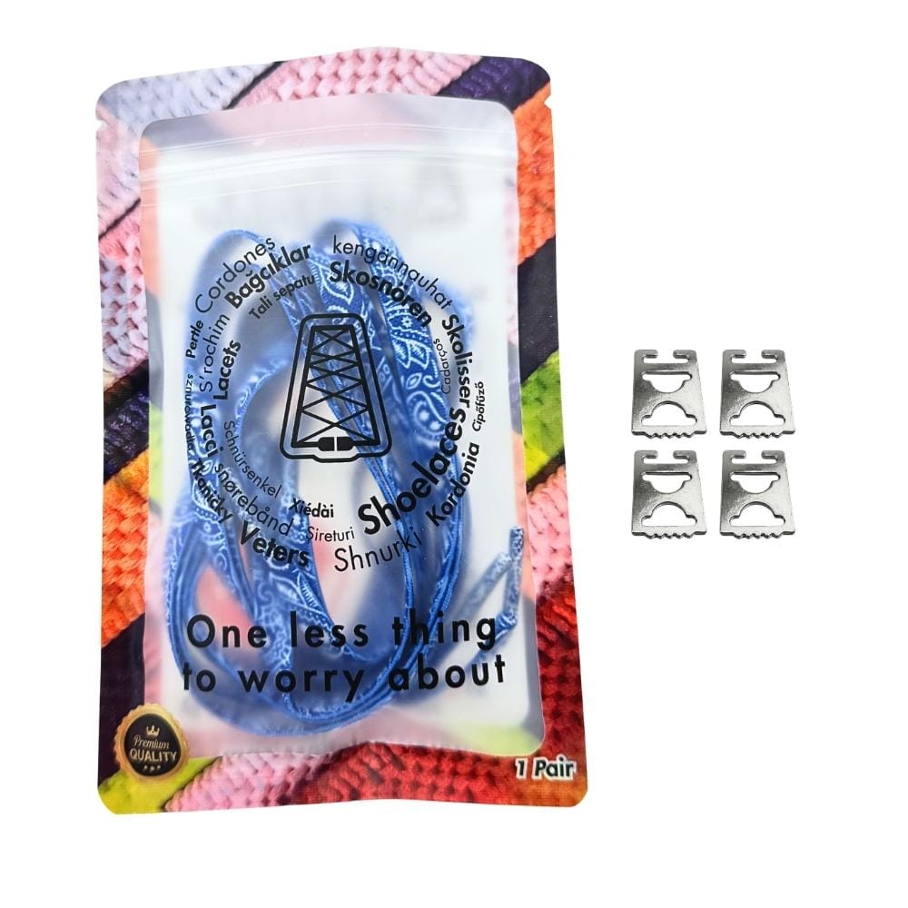 Elastische veters onzichtbaar strikken paisley 9mm onzichtbare clipjes blauw wit in luxe verpakking