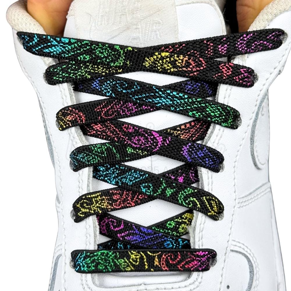 Elastische veters onzichtbaar strikken paisley 9mm onzichtbare clipjes zwart kleurig met stretch uitgerekt