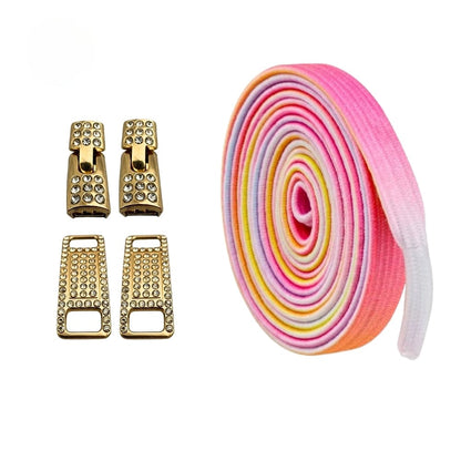 Productafbeelding van bling bling elastische veters van 6 mm met gouden haak in de kleur roze regenboog